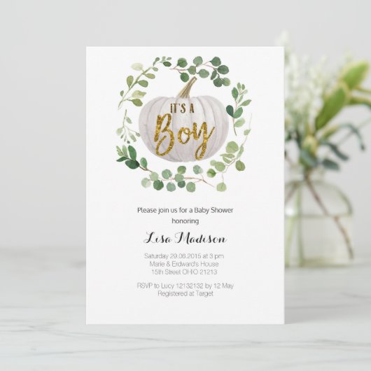 BOY Pumpkin Baby shower Invitation Kaart (Staand voorkant)