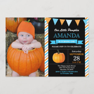 Boy Pumpkin Birthday Invitation Oranje and Blue Kaart