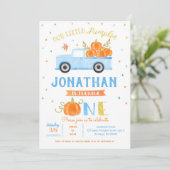 Boy Pumpkin Blue Truck 1e verjaardag uitnodiging (Staand voorkant)