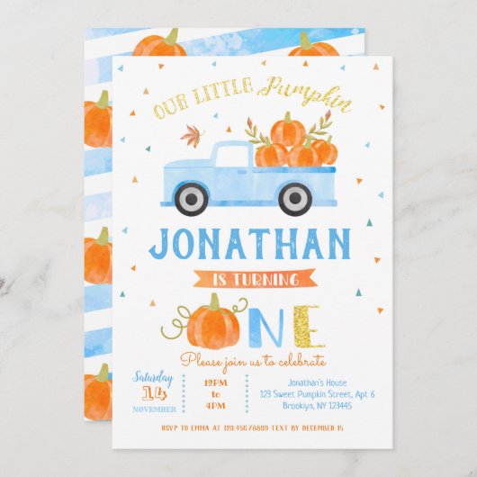 Boy Pumpkin Blue Truck 1e verjaardag uitnodiging (Voorkant / Achterkant)
