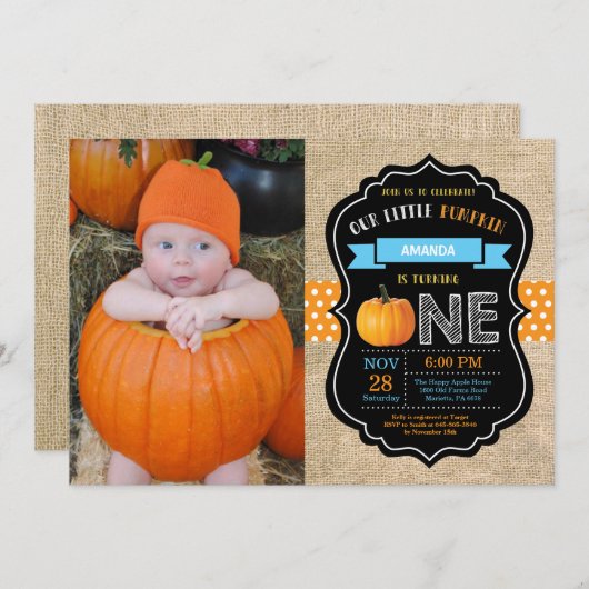 Boy Pumpkin Eerste Verjaardag Uitnodiging Burlap B (Voorkant / Achterkant)