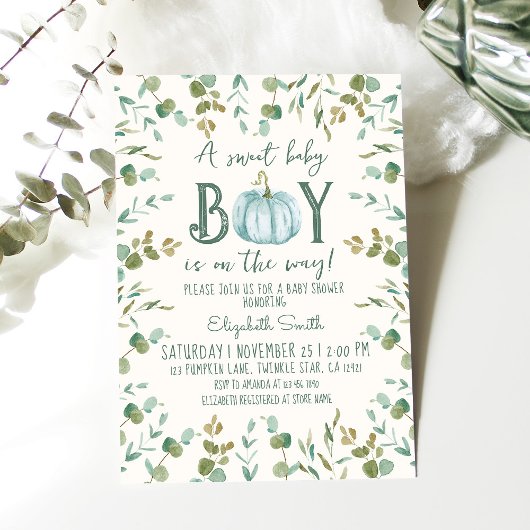 Boy Pumpkin & Eucalyptus Baby shower Kaart