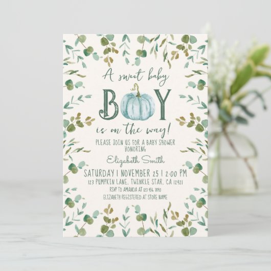 Boy Pumpkin & Eucalyptus Baby shower Kaart (Staand voorkant)