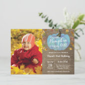 Boy Pumpkin First Birthday Invitation Blue Kaart (Staand voorkant)