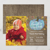 Boy Pumpkin First Birthday Invitation Blue Kaart (Voorkant / Achterkant)