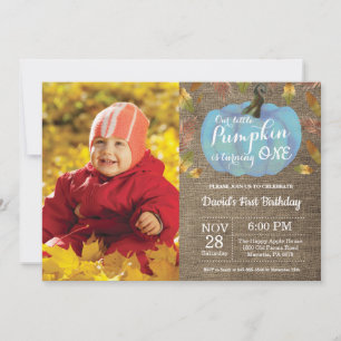 Boy Pumpkin First Birthday Invitation Blue Kaart