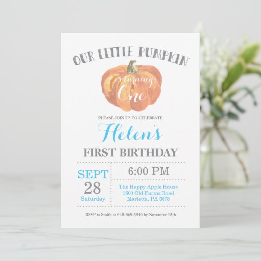 Boy Pumpkin First Birthday Invitation Blue Kaart (Staand voorkant)