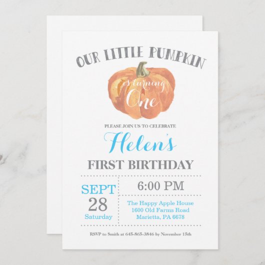 Boy Pumpkin First Birthday Invitation Blue Kaart (Voorkant / Achterkant)