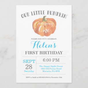 Boy Pumpkin First Birthday Invitation Blue Kaart