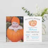 Boy Pumpkin First Birthday Invitation Blue Kaart (Staand voorkant)