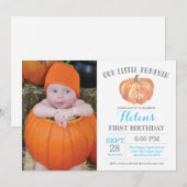 Boy Pumpkin First Birthday Invitation Blue Kaart (Voorkant / Achterkant)