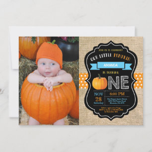 Boy Pumpkin First Birthday Invitation Burlap Blue Kaart