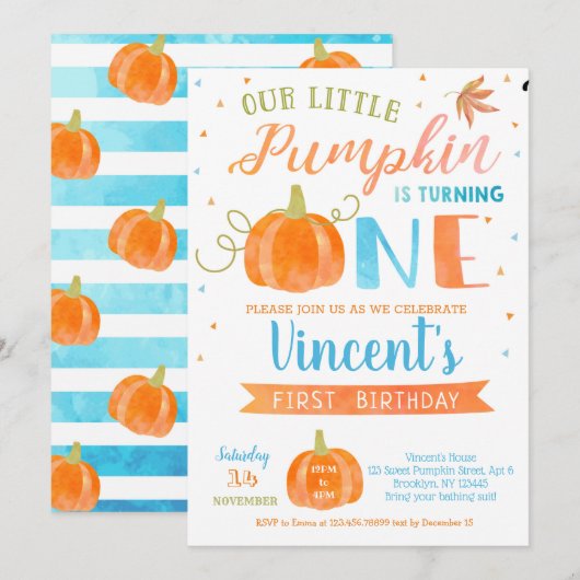 Boy Pumpkin First Birthday Invitations Autumn Herf Kaart (Voorkant / Achterkant)