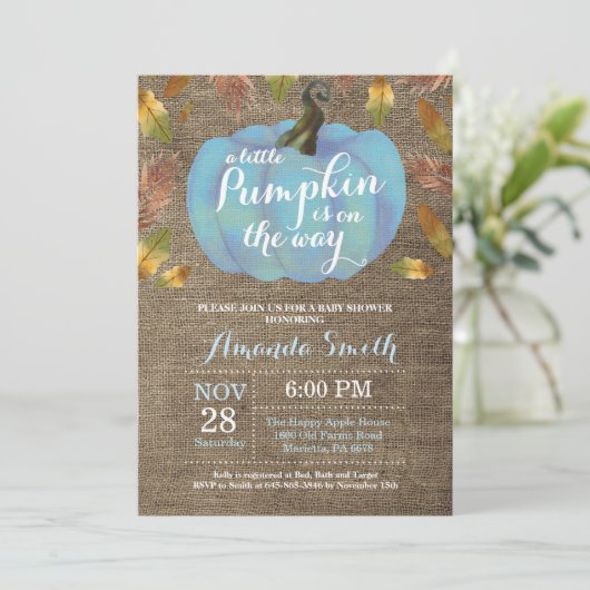 Boy Pumpkin Herfst Baby shower Blauw en Burlap Kaart (Staand voorkant)