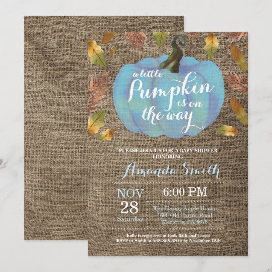 Boy Pumpkin Herfst Baby shower Blauw en Burlap Kaart (Voorkant / Achterkant)