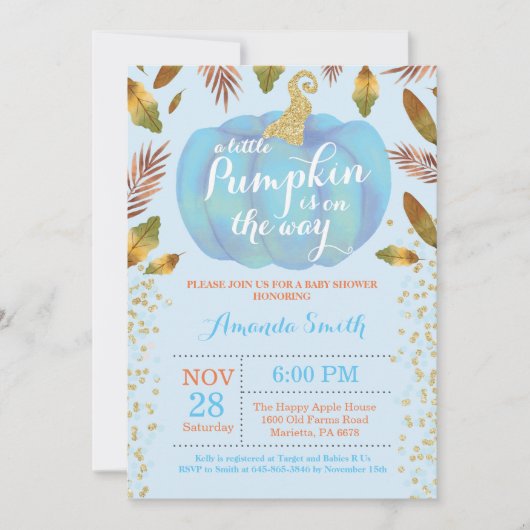 Boy Pumpkin Herfst Baby shower Invitation Gold Kaart (Voorkant)