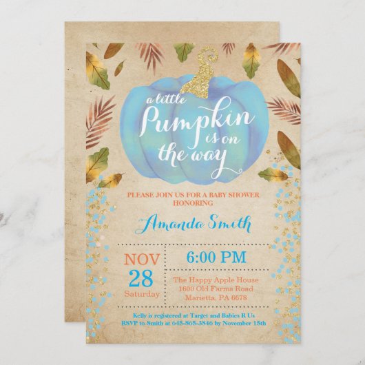 Boy Pumpkin Herfst Baby shower Invitation Gold Kaart (Voorkant / Achterkant)