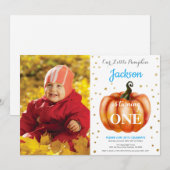 Boy Pumpkin Herfst Birthday Invitation Gold Kaart (Voorkant / Achterkant)