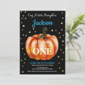 Boy Pumpkin Herfst Birthday Invitation Gold Kaart (Staand voorkant)