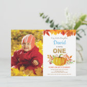 Boy Pumpkin Herfst First Birthday Gold Glitter Kaart (Staand voorkant)