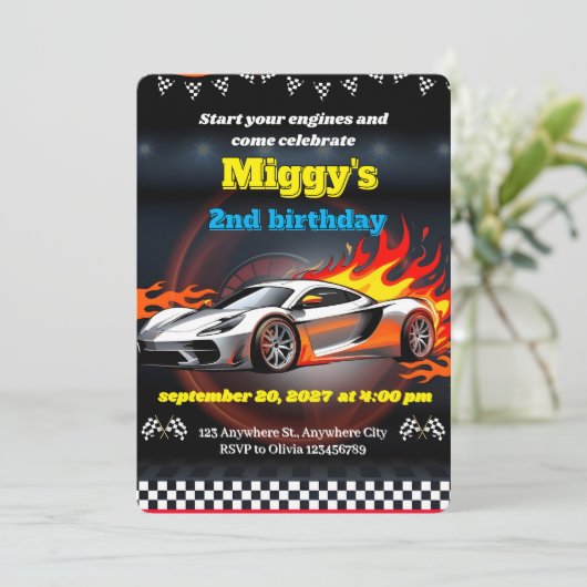 Boy Race Auto Hot Wheels Uitnodigingen Verjaardag (Staand voorkant)