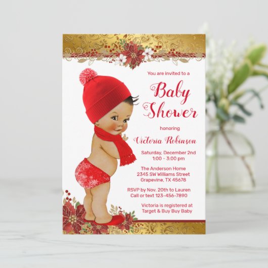 Boy Red Gold Kerst Baby shower Etnisch Kaart (Staand voorkant)