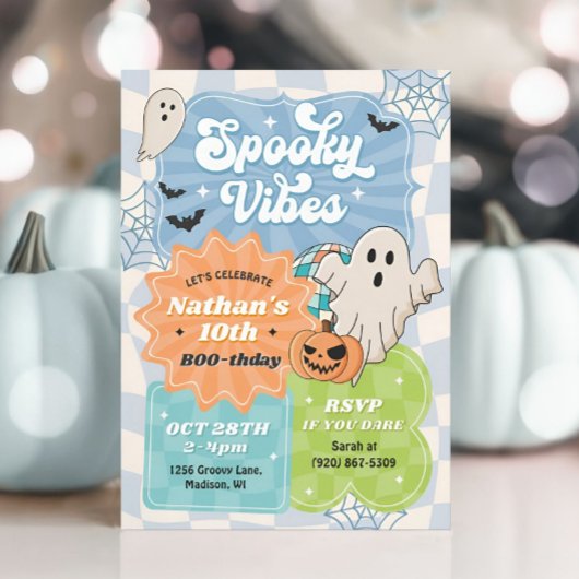 Boy Retro Halloween Spooky Vibes Blue Verjaardag Kaart