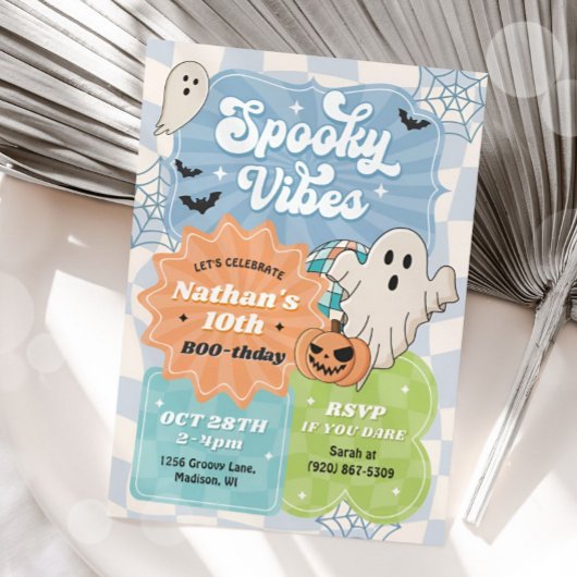 Boy Retro Halloween Spooky Vibes Blue Verjaardag Kaart