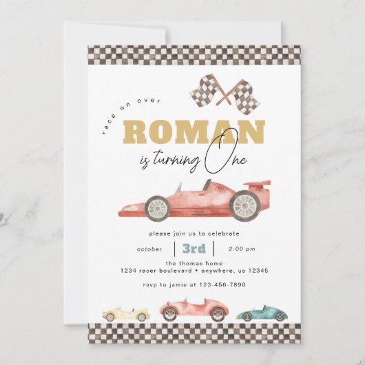 Boy Retro Race Car Birthday Party Kaart (Voorkant)