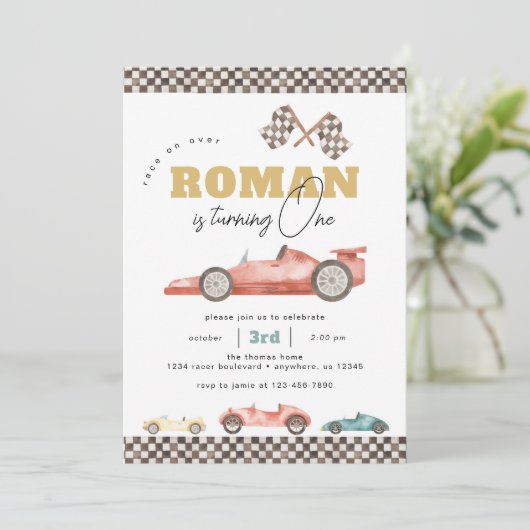 Boy Retro Race Car Birthday Party Kaart (Staand voorkant)
