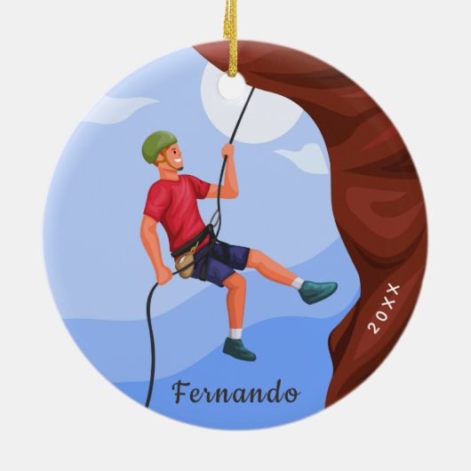 Boy Rock Climbing Illustration Name & Year Dated Keramisch Ornament (Achterkant)