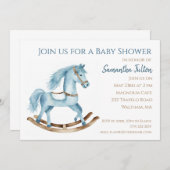 Boy Rocking Horse Baby shower Invitation Blue Kaart (Voorkant / Achterkant)