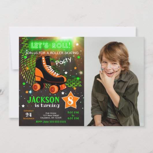 Boy Roller Skating Birthday Invitation Neon Kaart (Voorkant)