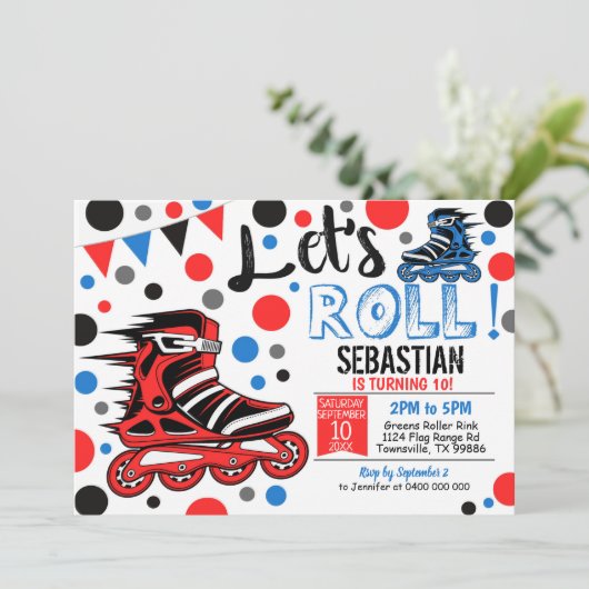 Boy Rollerblade Invitation Roller Blade Party Red Kaart (Staand voorkant)