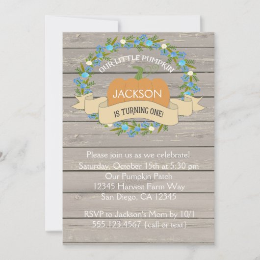 Boy Rustic Pumpkin 1st Birthday Party Invitation Kaart (Voorkant)