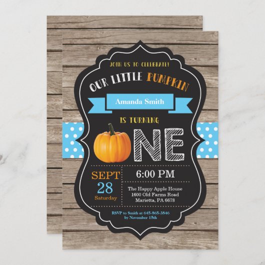 Boy Rustic Pumpkin First Birthday Invitation Kaart (Voorkant / Achterkant)