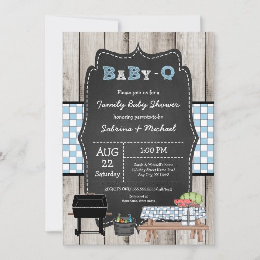 Boy rustiek hout familie Baby Q douche Kaart (Voorkant)