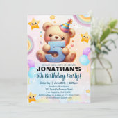 Boy’s Teddy Bear Birthday 5th Party Kaart (Staand voorkant)