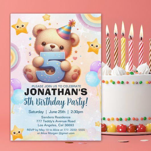 Boy’s Teddy Bear Birthday 5th Party Kaart
