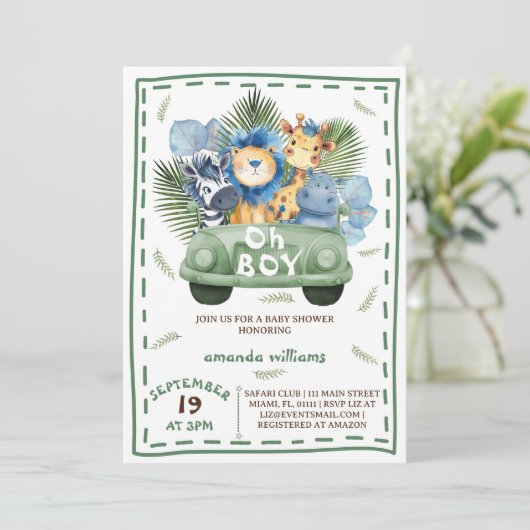 Boy Safari Car baby shower Kaart (Staand voorkant)