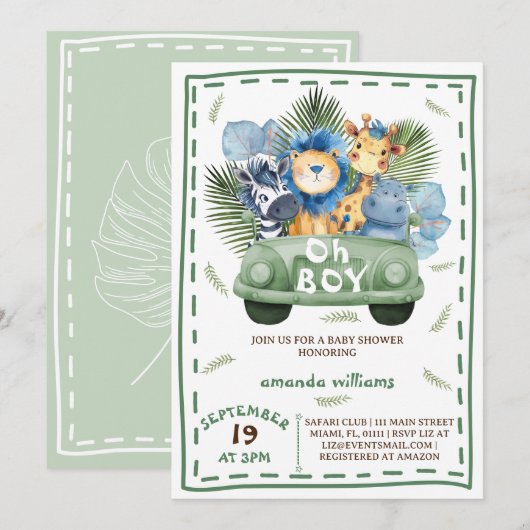Boy Safari Car baby shower Kaart (Voorkant / Achterkant)