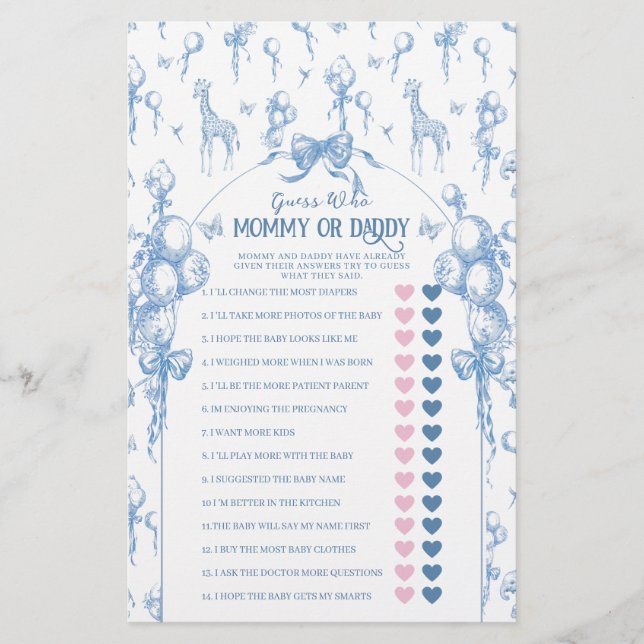 Boy Safari Dier Blauw Baby shower Mama Pap Spel (Voorkant)