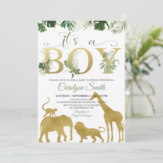 Boy Safari Oerwoud Animals Gold Baby shower Kaart (Staand voorkant)
