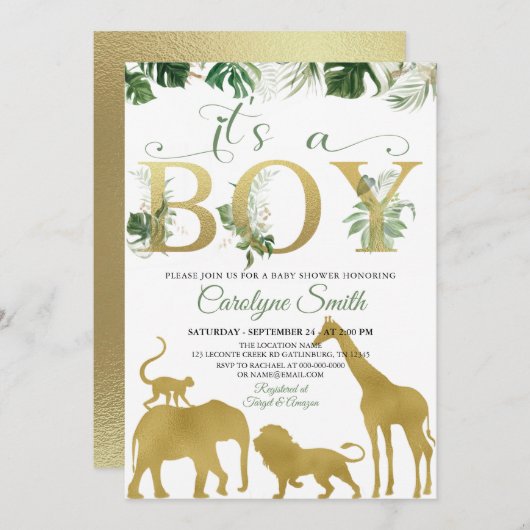Boy Safari Oerwoud Animals Gold Baby shower Kaart (Voorkant / Achterkant)