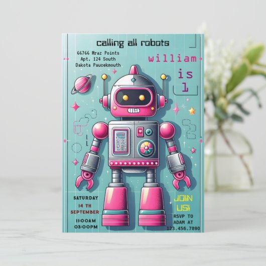 Boy schattig Speelgoed grappige robot eerste 1e ve Kaart (Staand voorkant)