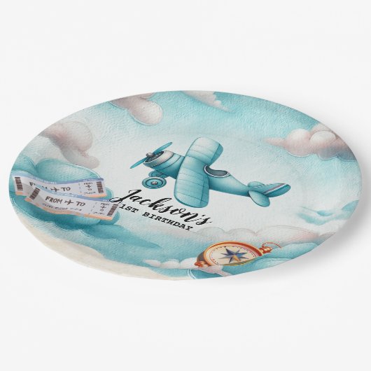 Boy Schattige Blue Airplane Travel Kids Verjaardag Papieren Bordje (Gekanteld)