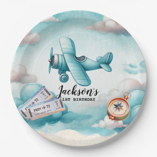 Boy Schattige Blue Airplane Travel Kids Verjaardag Papieren Bordje (Voorkant)
