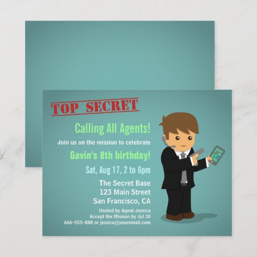 Boy Secret Agent Birthday Party Kaart (Voorkant / Achterkant)