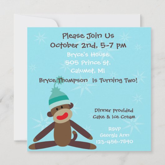 Boy Sock Monkey Birthday Uitnodiging (Achterkant)