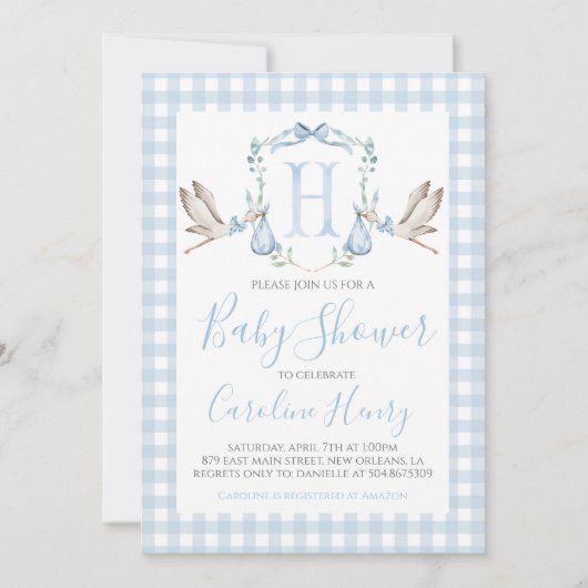 Boy Stork Baby shower Preppy Gingham Blue Kaart (Voorkant)